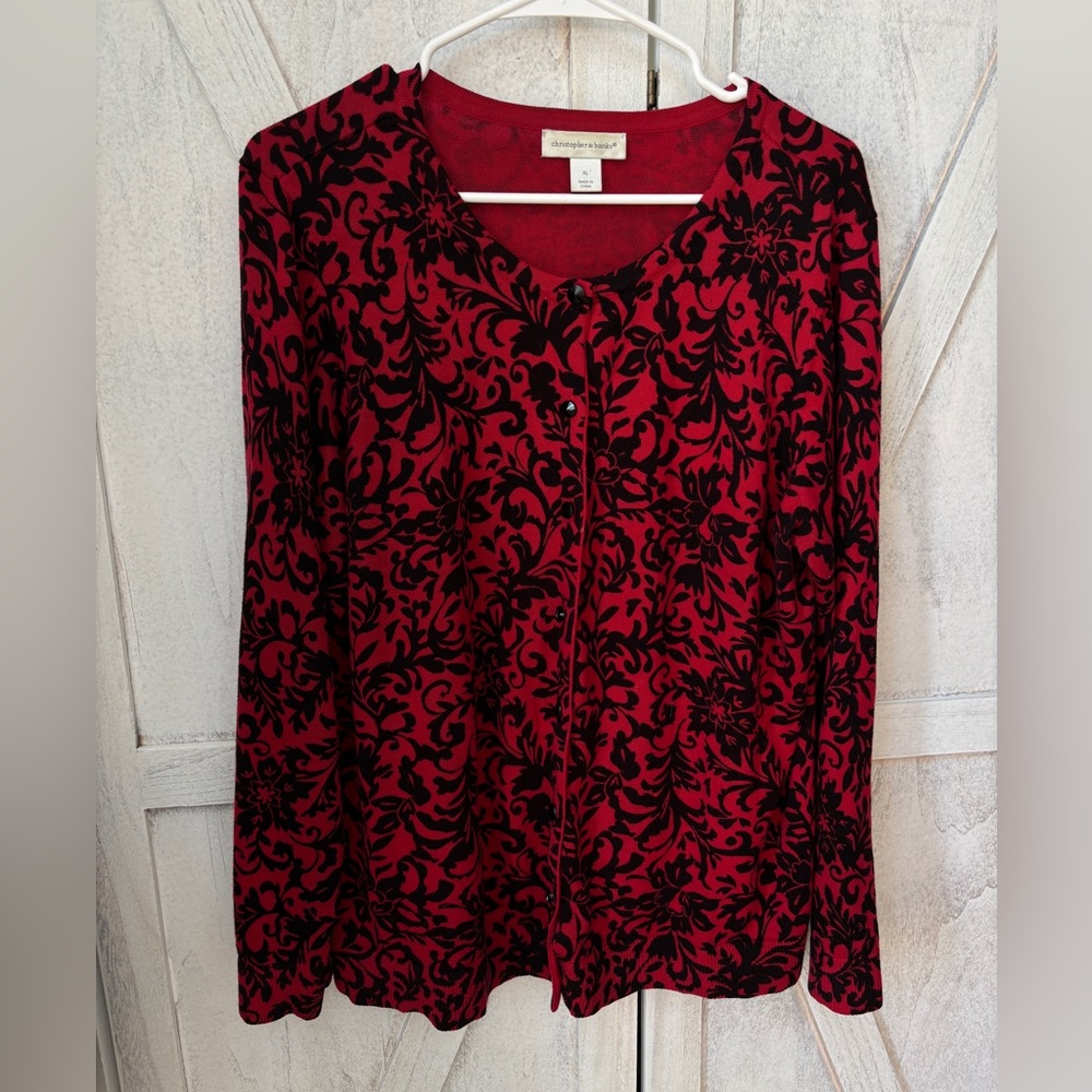 Christopher & Banks Damask Floral Cardigan Women’s XL Red And Black Button Up